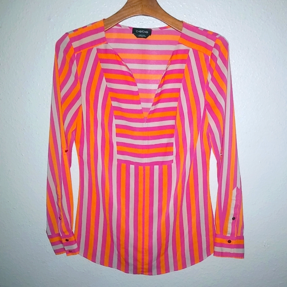 bebe S Summer Striped Long Sleeved Top Bright Orange Pink